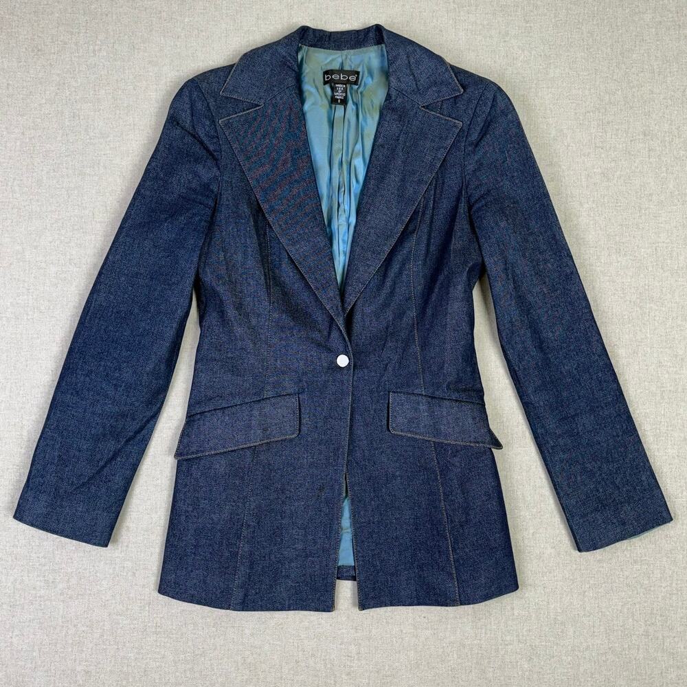 bebe Y2K Denim Blazer Dark Rinse Stretch Made in USA Women’s Size 0